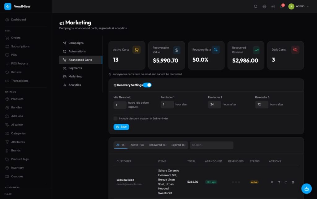 لوحة تحكم VendMizer للسلال المتروكة — الإيرادات القابلة للاسترداد ومعدل الاستعادة وقائمة بالسلال المسجلة