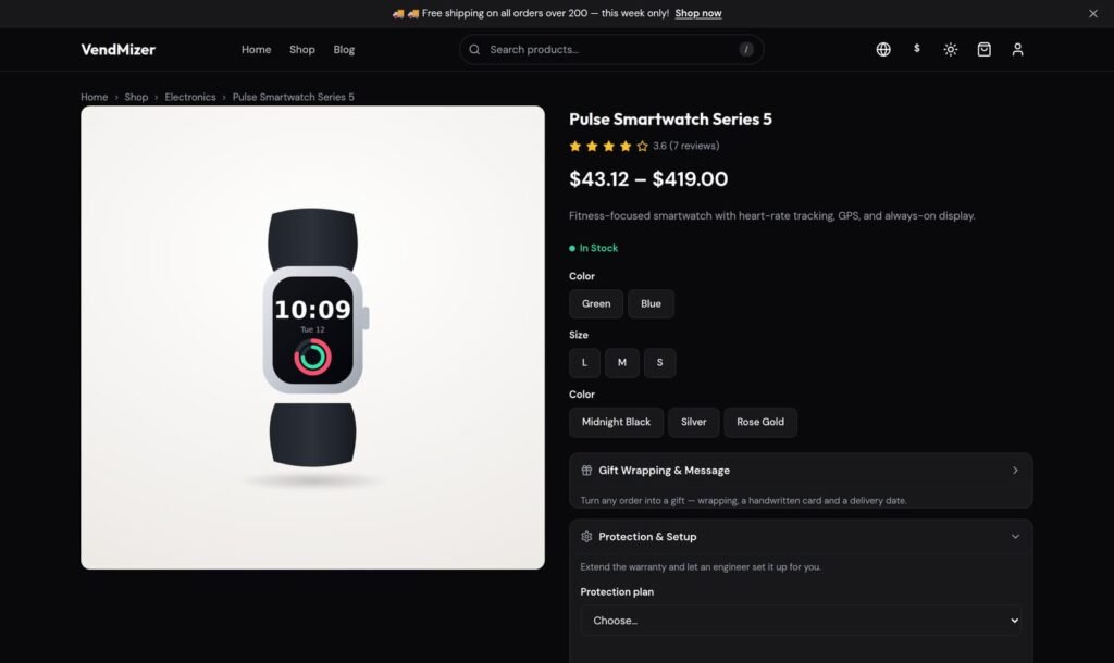 A VendMizer storefront product page, shown in English and in Arabic right-to-left