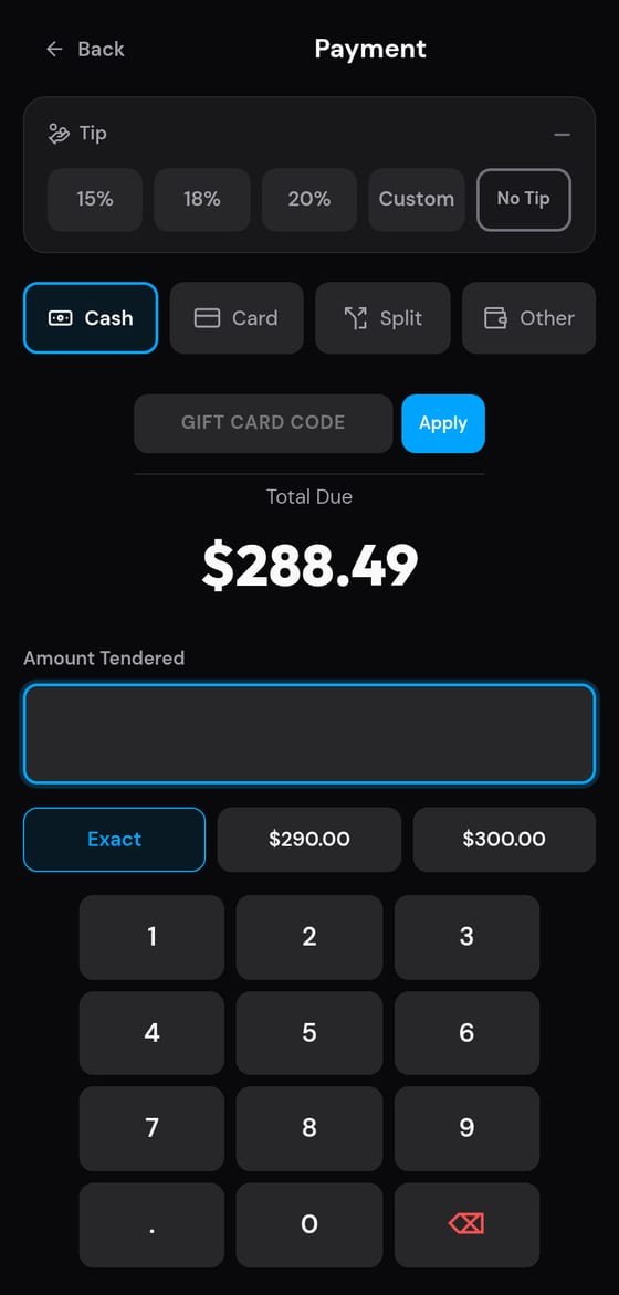 VendMizer POS on a phone — the payment screen with tips, methods and a cash keypad