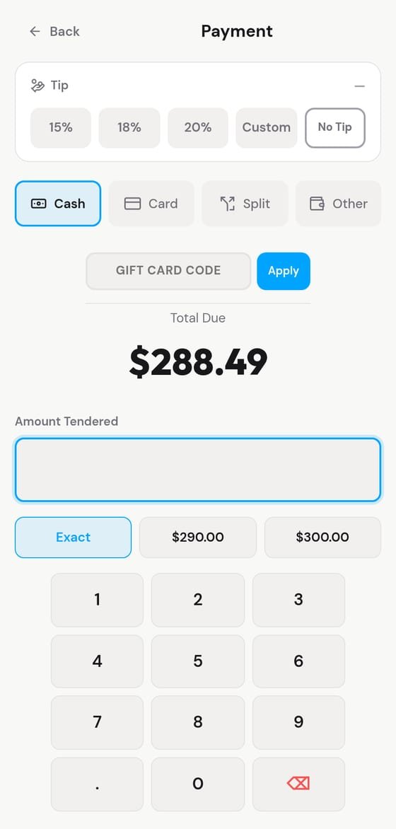 VendMizer POS on a phone — the payment screen with tips, methods and a cash keypad