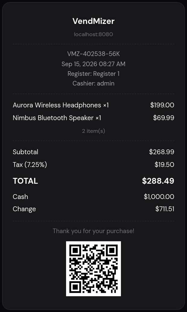VendMizer POS on a phone — a completed sale receipt ready to print or email
