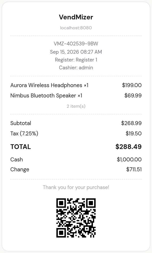 VendMizer POS on a phone — a completed sale receipt ready to print or email