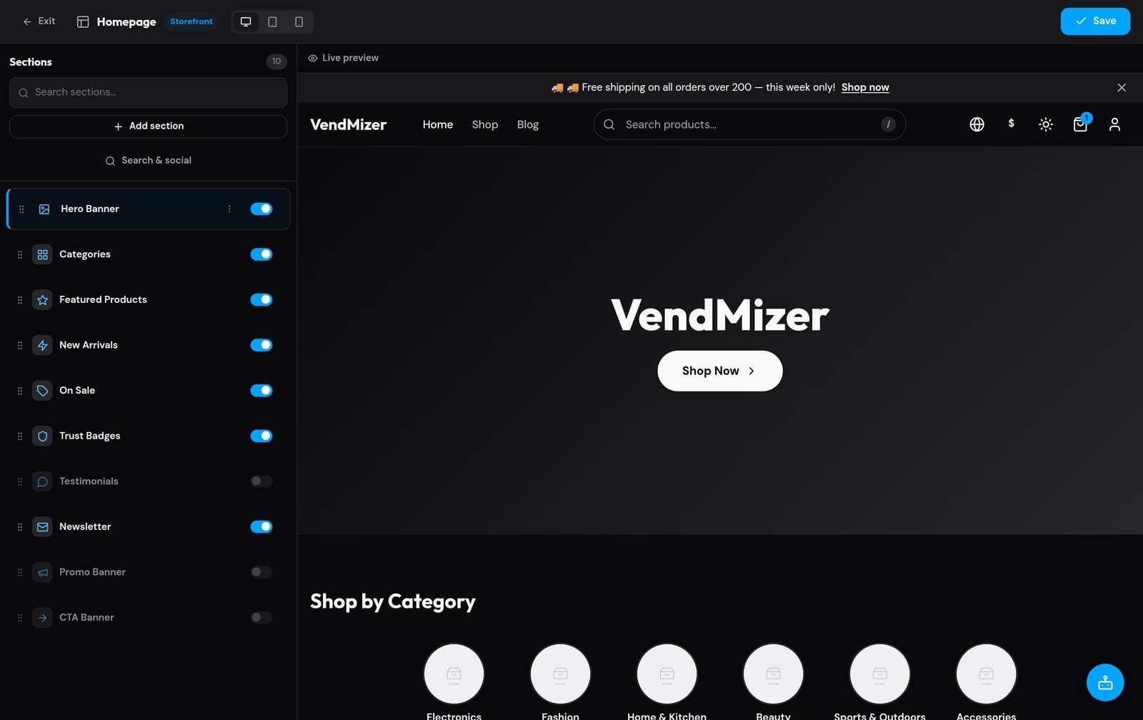 The VendMizer visual section editor — reordering storefront sections beside a live preview