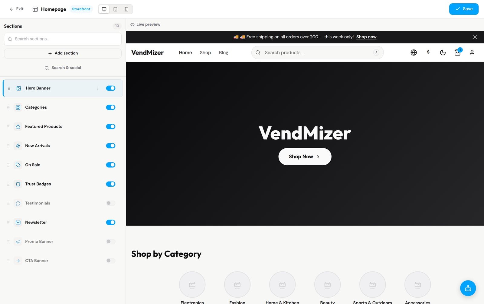 The VendMizer visual section editor — reordering storefront sections beside a live preview