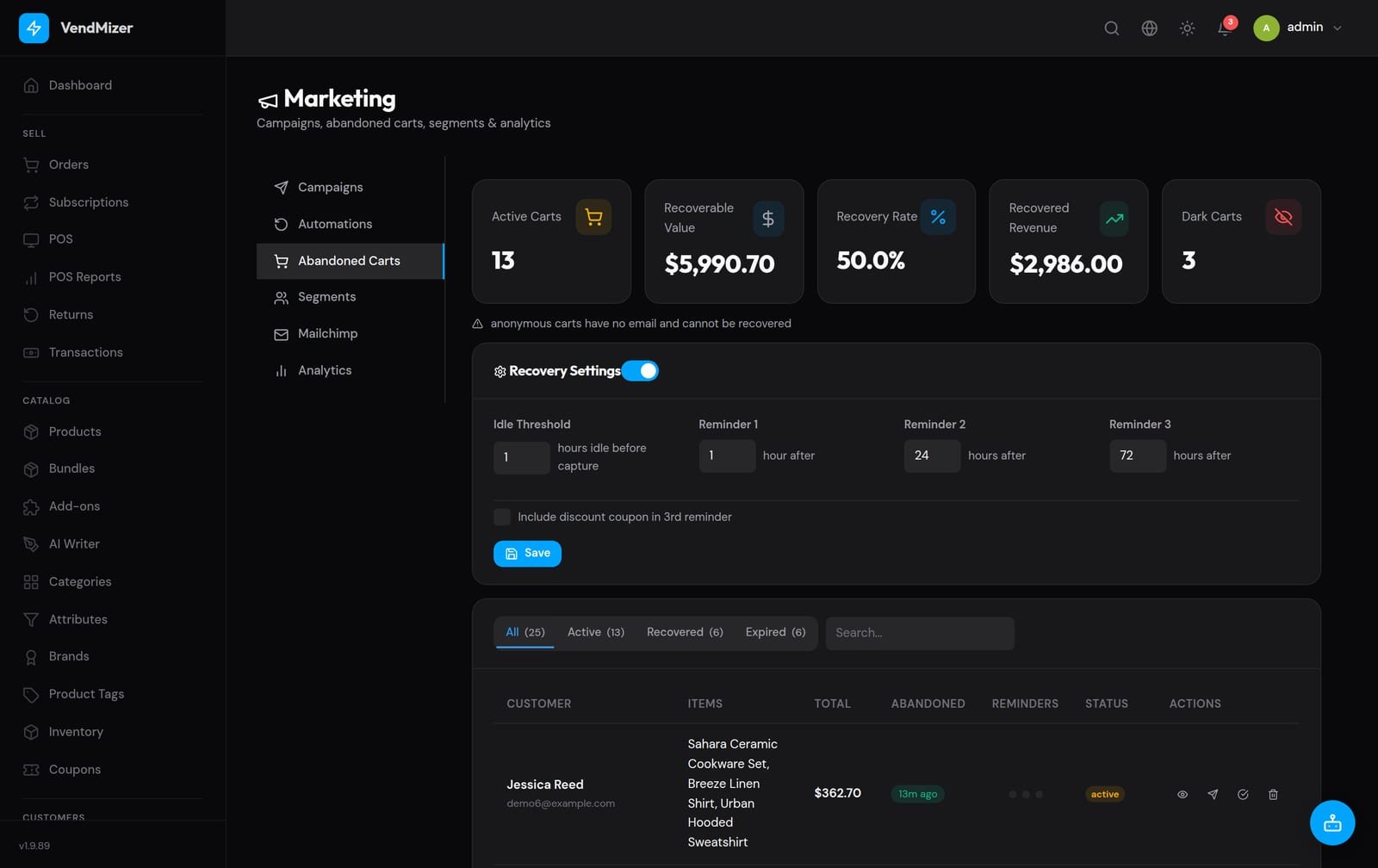The VendMizer abandoned-carts dashboard — recoverable revenue, recovery rate and a list of captured carts