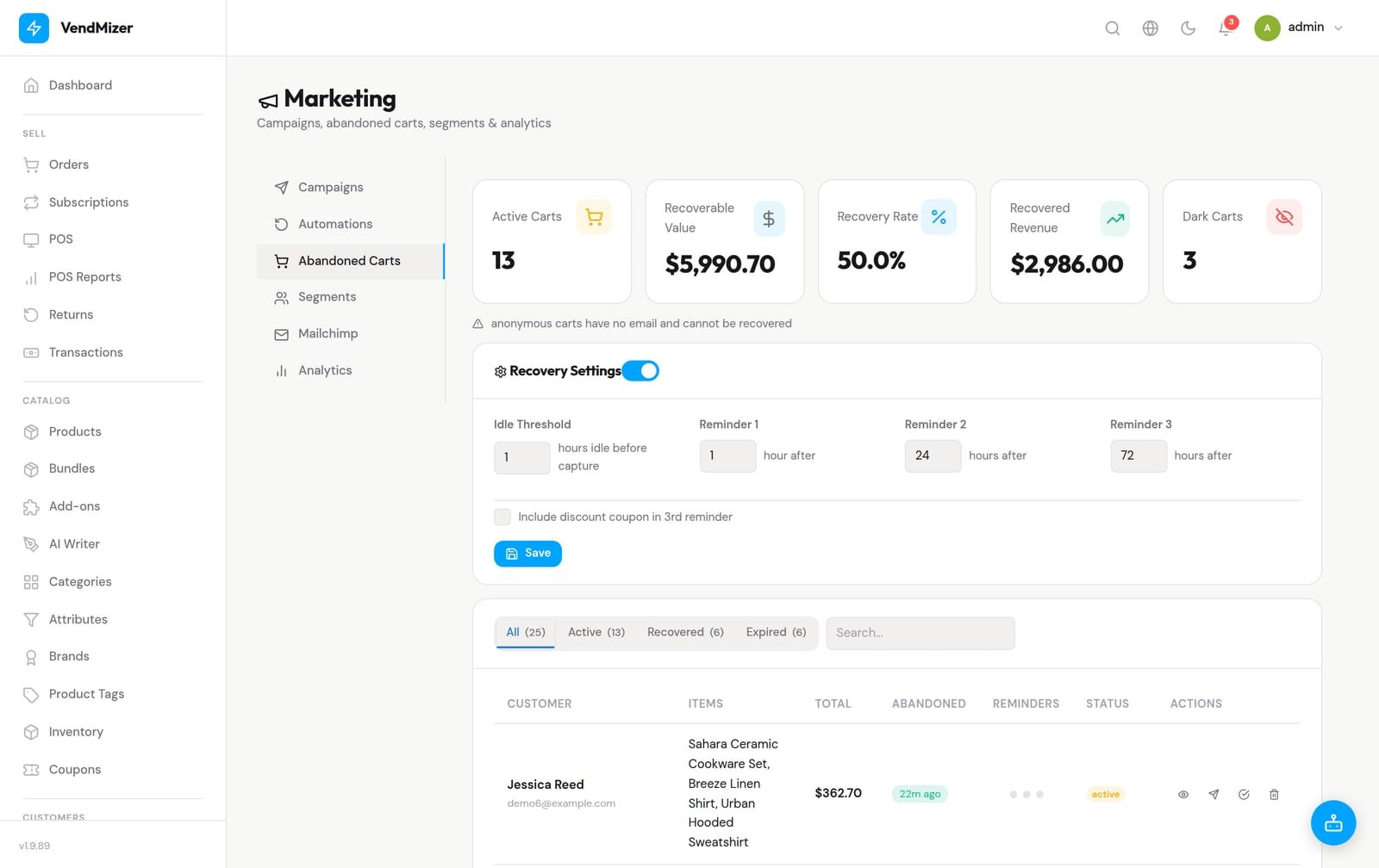 The VendMizer abandoned-carts dashboard — recoverable revenue, recovery rate and a list of captured carts