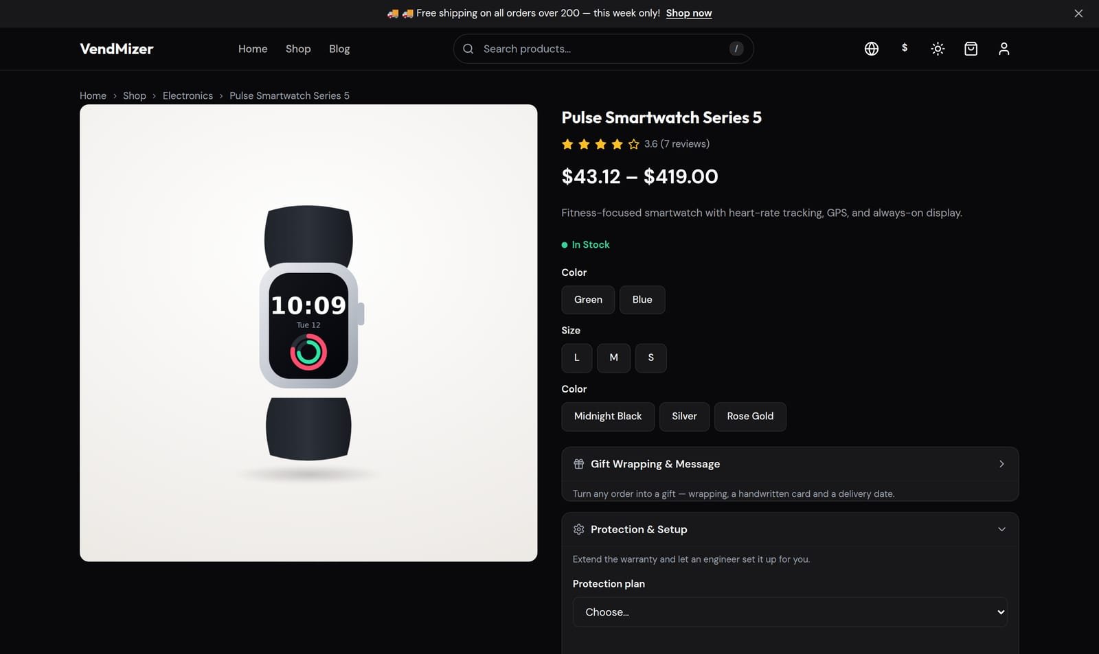 A VendMizer storefront product page, shown in English and Arabic (right-to-left)