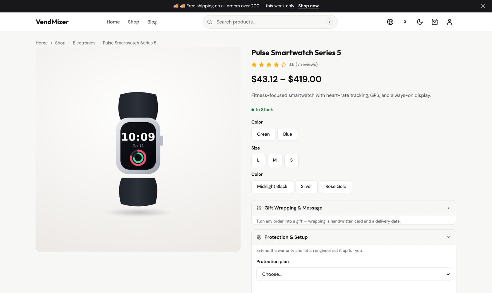 A VendMizer storefront product page, shown in English and Arabic (right-to-left)